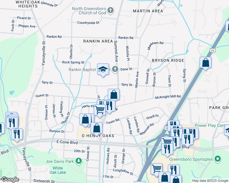 map of restaurants, bars, coffee shops, grocery stores, and more near 1600 Rankin King Drive in Greensboro