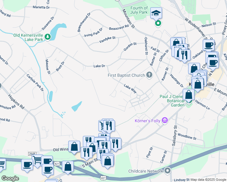 map of restaurants, bars, coffee shops, grocery stores, and more near 441 Mountain View Drive in Kernersville
