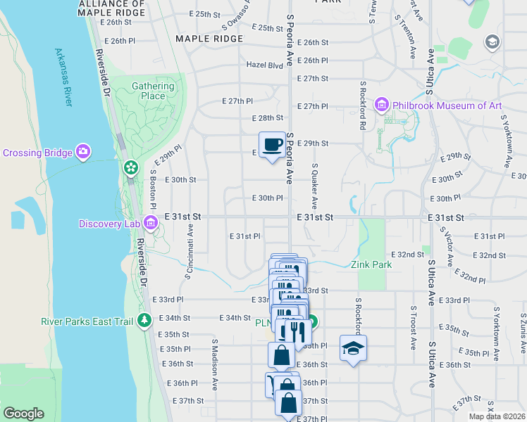map of restaurants, bars, coffee shops, grocery stores, and more near 3106 South Owasso Avenue in Tulsa
