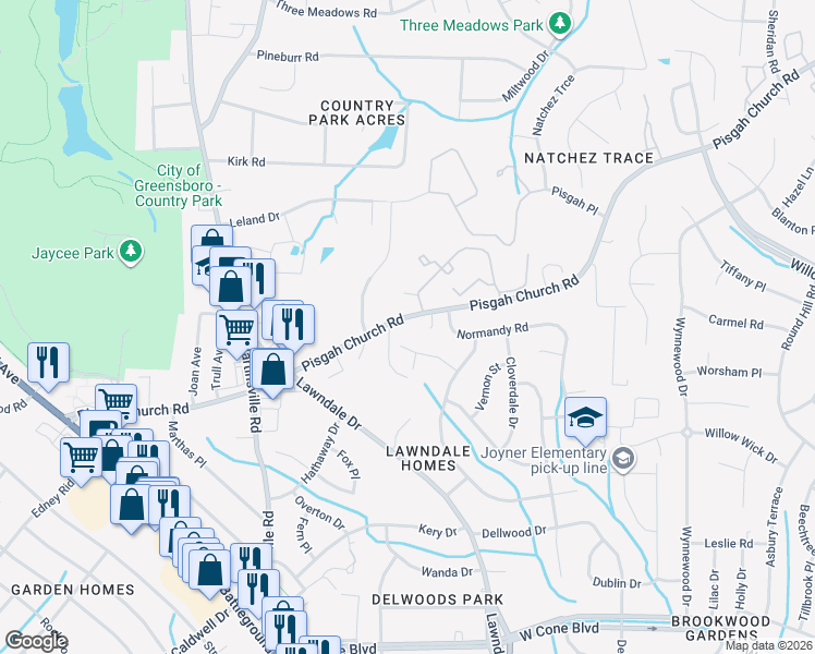 map of restaurants, bars, coffee shops, grocery stores, and more near 12 Annalisa Drive in Greensboro