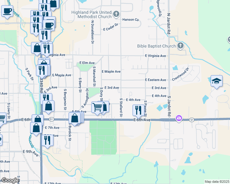 map of restaurants, bars, coffee shops, grocery stores, and more near 316 South Stallard Street in Stillwater
