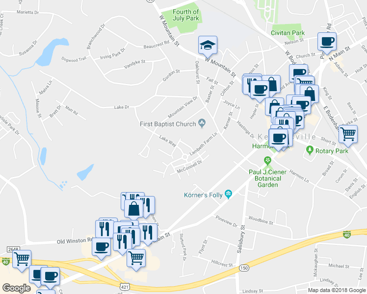 map of restaurants, bars, coffee shops, grocery stores, and more near 507 Geoffrey Way in Kernersville