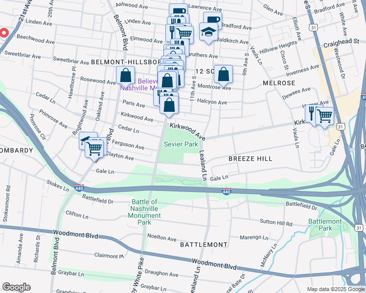 map of restaurants, bars, coffee shops, grocery stores, and more near 3021 Lealand Lane in Nashville