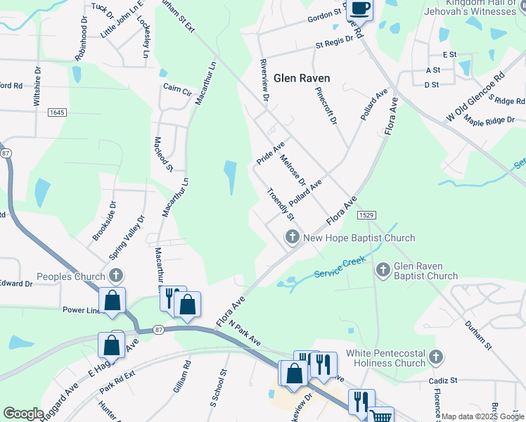 map of restaurants, bars, coffee shops, grocery stores, and more near 2215 Motley Street in Burlington