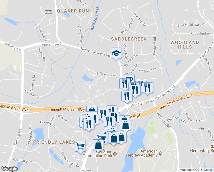 map of restaurants, bars, coffee shops, grocery stores, and more near 23 Mary Scott Place in Greensboro
