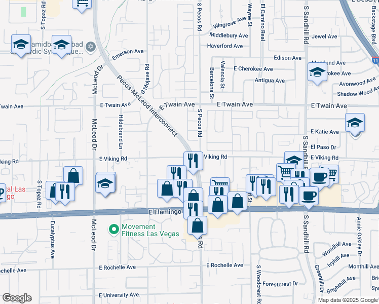 map of restaurants, bars, coffee shops, grocery stores, and more near 3757 Pecos-McLeod Interconnect in Las Vegas
