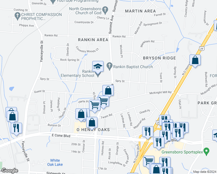 map of restaurants, bars, coffee shops, grocery stores, and more near 3223 Summit Avenue in Greensboro
