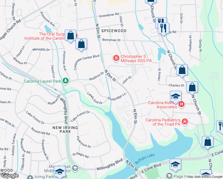 map of restaurants, bars, coffee shops, grocery stores, and more near 21 Sturbridge Lane in Greensboro