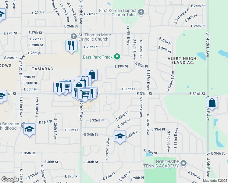 map of restaurants, bars, coffee shops, grocery stores, and more near 13201 East 31st Street in Tulsa