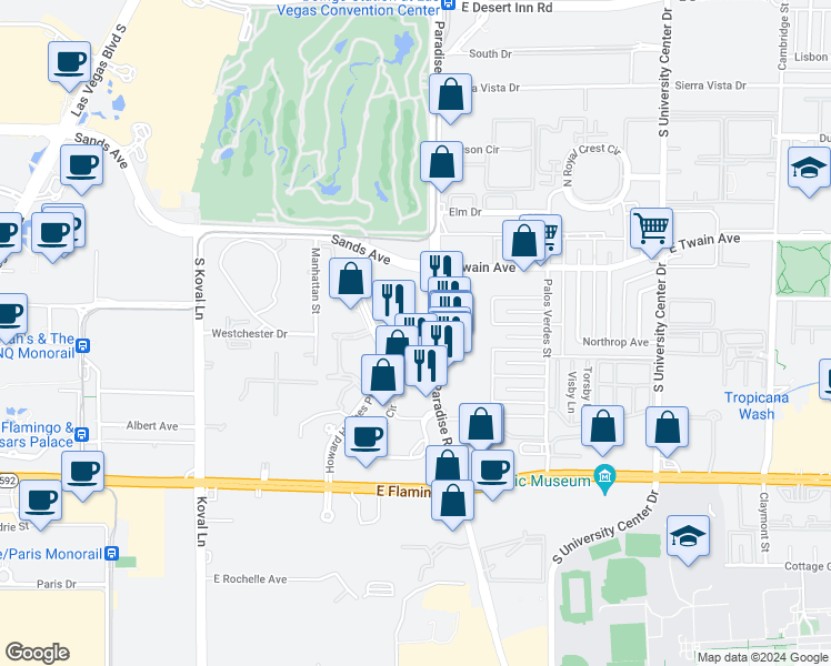 map of restaurants, bars, coffee shops, grocery stores, and more near 3903 South Paradise Road in Las Vegas