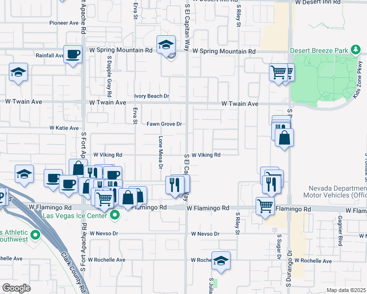 map of restaurants, bars, coffee shops, grocery stores, and more near 9021 West Viking Road in Las Vegas