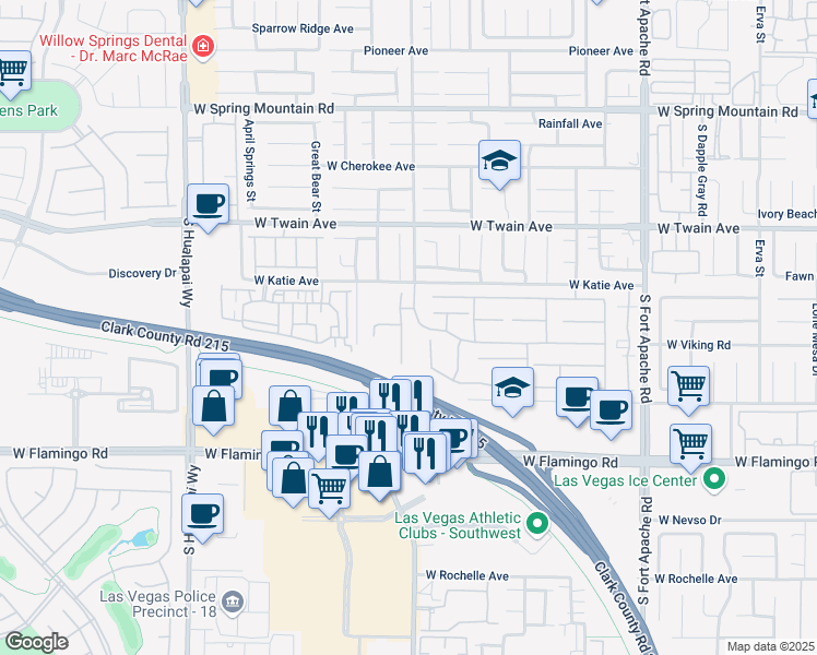 map of restaurants, bars, coffee shops, grocery stores, and more near 3942 Tropical Vine Street in Las Vegas