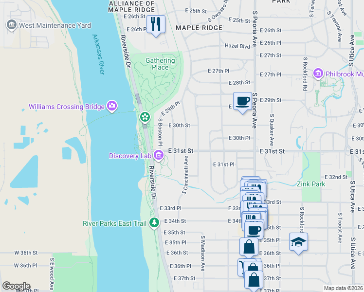 map of restaurants, bars, coffee shops, grocery stores, and more near 3108 South Cincinnati Avenue in Tulsa