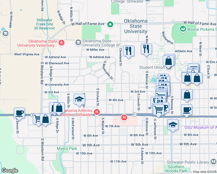 map of restaurants, bars, coffee shops, grocery stores, and more near 1501 West 3rd Avenue in Stillwater