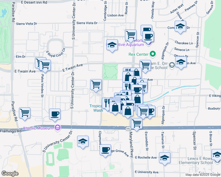 map of restaurants, bars, coffee shops, grocery stores, and more near 3823 South Maryland Parkway in Las Vegas