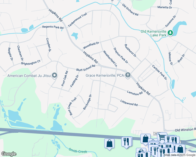map of restaurants, bars, coffee shops, grocery stores, and more near 6295 Selwyck Lane in Kernersville