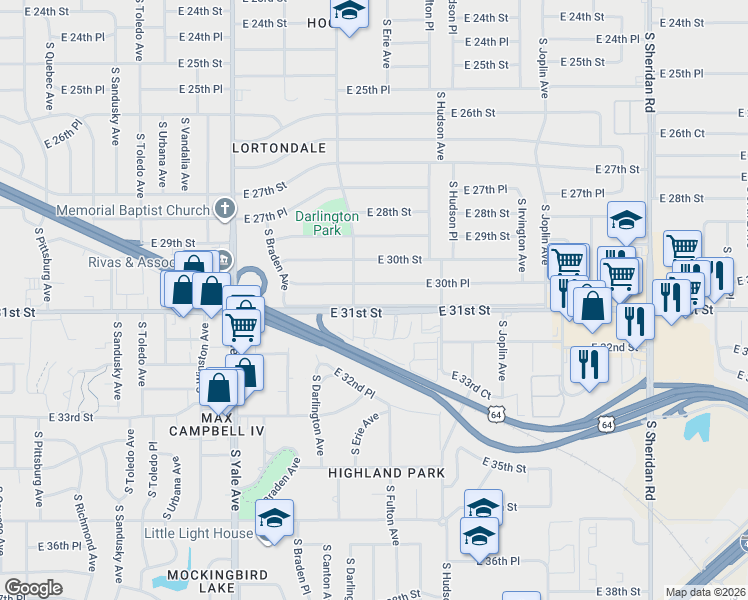 map of restaurants, bars, coffee shops, grocery stores, and more near 5321 East 31st Street in Tulsa
