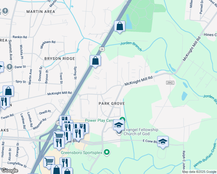 map of restaurants, bars, coffee shops, grocery stores, and more near 1903 McKnight Mill Road in Greensboro