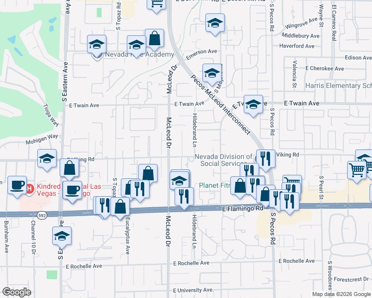 map of restaurants, bars, coffee shops, grocery stores, and more near Robar Street in Clark County