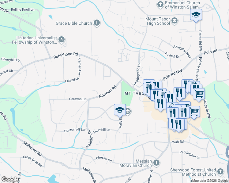 map of restaurants, bars, coffee shops, grocery stores, and more near 3626 Sally Kirk Road Northwest in Winston-Salem