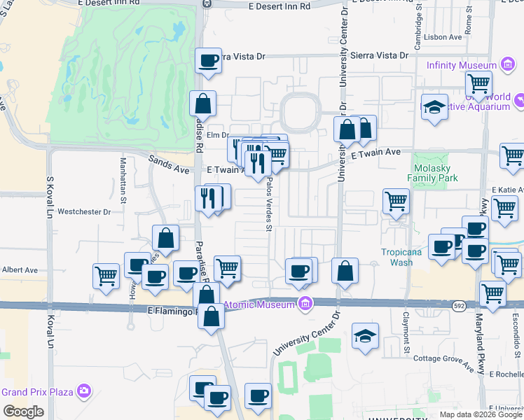 map of restaurants, bars, coffee shops, grocery stores, and more near 530 Kolson Circle in Las Vegas