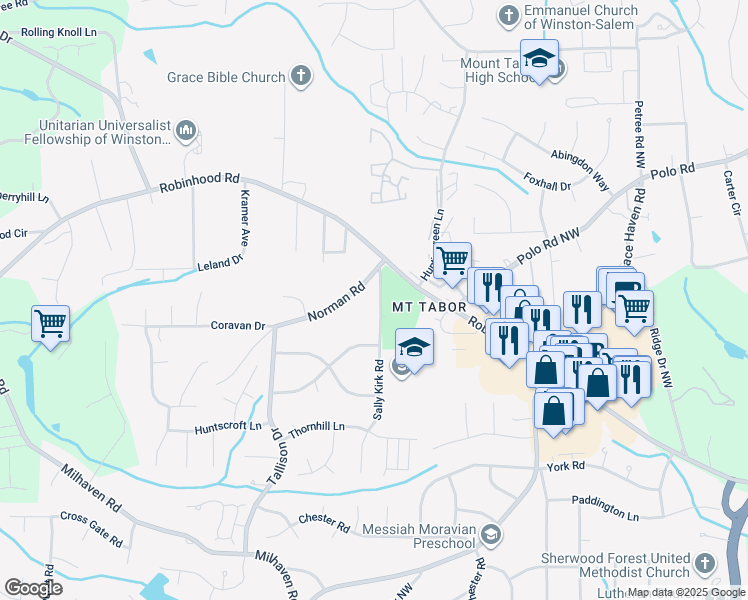 map of restaurants, bars, coffee shops, grocery stores, and more near 3656 Sally Kirk Road in Winston-Salem