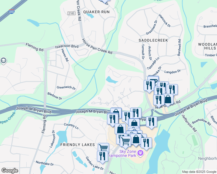 map of restaurants, bars, coffee shops, grocery stores, and more near 2702 Spring Bridge Trail in Greensboro
