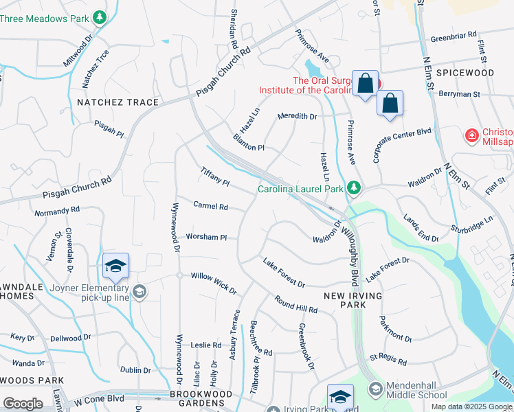 map of restaurants, bars, coffee shops, grocery stores, and more near 3504 Round Hill Road in Greensboro