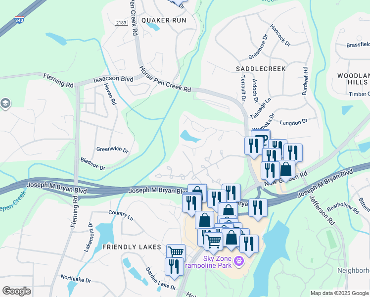 map of restaurants, bars, coffee shops, grocery stores, and more near 2702 Spring Bridge Trail in Greensboro