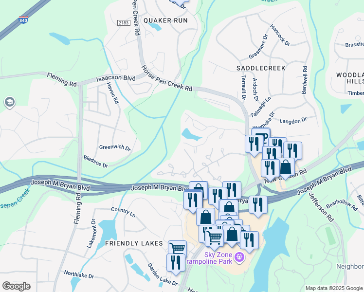 map of restaurants, bars, coffee shops, grocery stores, and more near 4457 Carly's Way in Greensboro