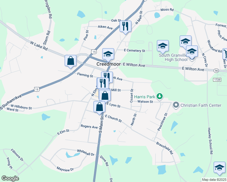map of restaurants, bars, coffee shops, grocery stores, and more near 202 East Mill Street in Creedmoor