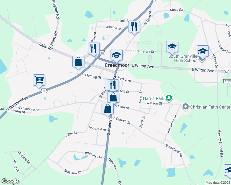 map of restaurants, bars, coffee shops, grocery stores, and more near 408 South Elm Street in Creedmoor