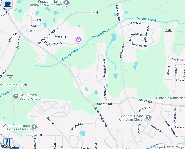 map of restaurants, bars, coffee shops, grocery stores, and more near 1024 Bridgewater Drive in Burlington
