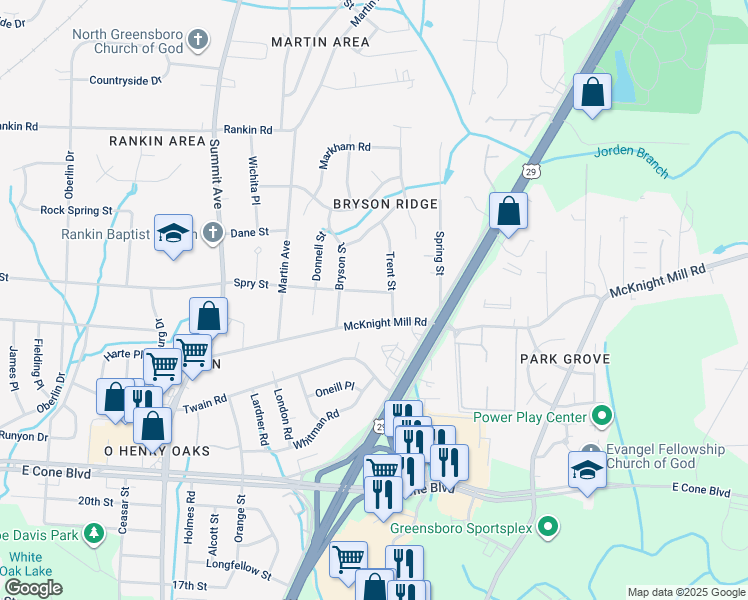 map of restaurants, bars, coffee shops, grocery stores, and more near 1715 Spry Street in Greensboro
