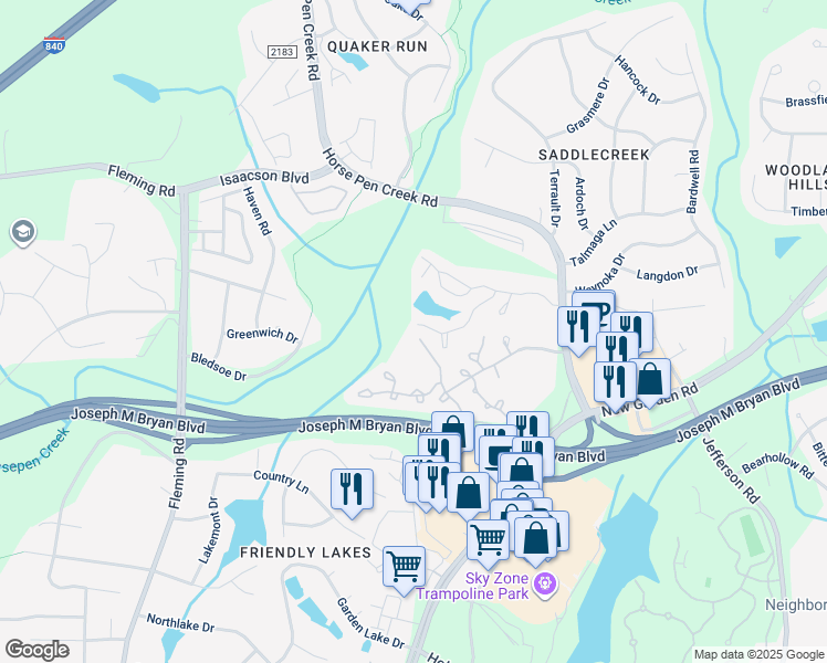 map of restaurants, bars, coffee shops, grocery stores, and more near 4457 Carly's Way in Greensboro