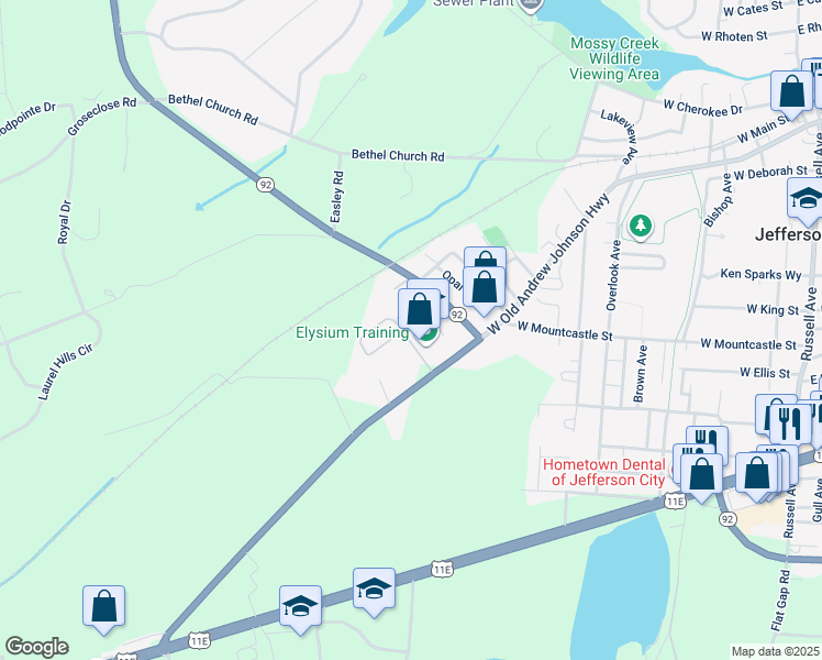 map of restaurants, bars, coffee shops, grocery stores, and more near 226 Rogers Court in Jefferson City