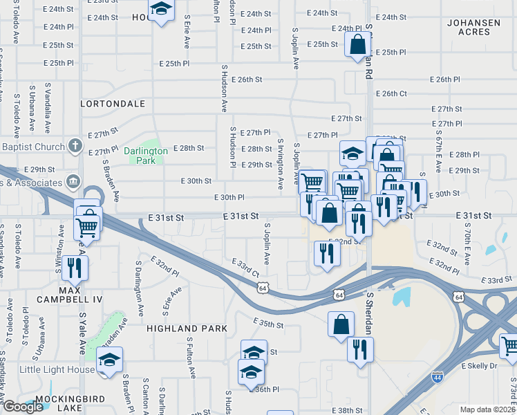map of restaurants, bars, coffee shops, grocery stores, and more near 5743 East 30th Place in Tulsa