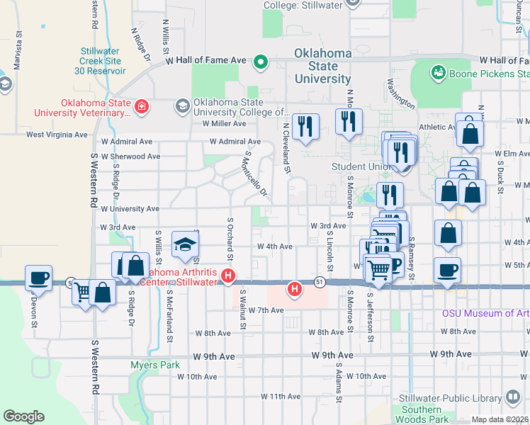 map of restaurants, bars, coffee shops, grocery stores, and more near 152 South Monticello Drive in Stillwater