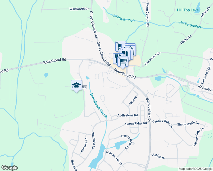 map of restaurants, bars, coffee shops, grocery stores, and more near 5284 Robinhood Road in Winston-Salem