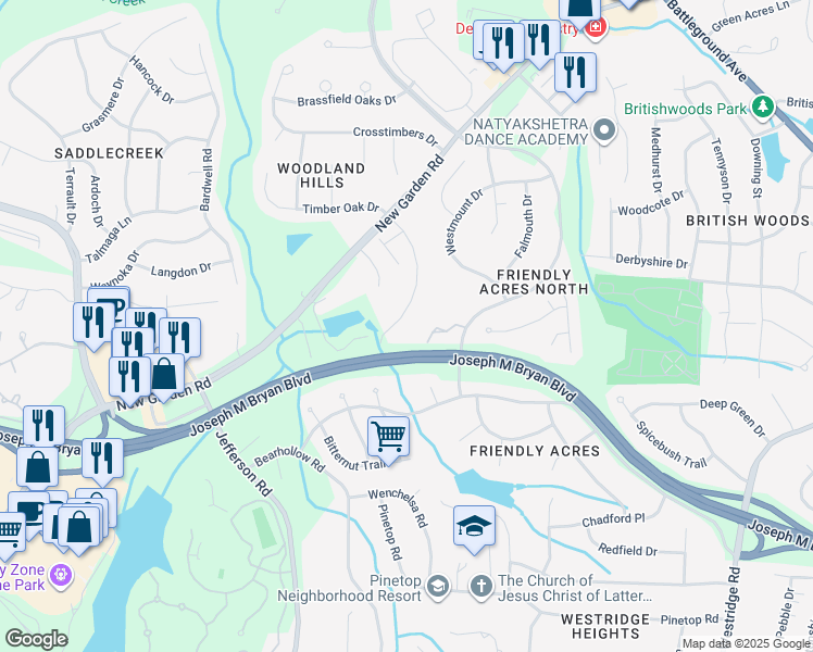 map of restaurants, bars, coffee shops, grocery stores, and more near 1809 Strathmore Drive in Greensboro