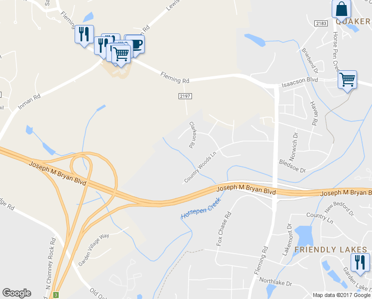 map of restaurants, bars, coffee shops, grocery stores, and more near 4820 Clarkson Road in Greensboro