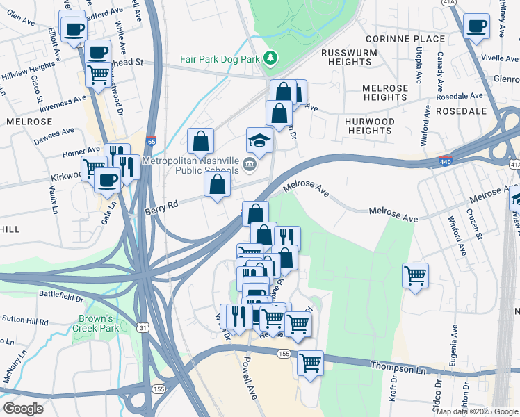 map of restaurants, bars, coffee shops, grocery stores, and more near 250 25th Avenue North in Nashville