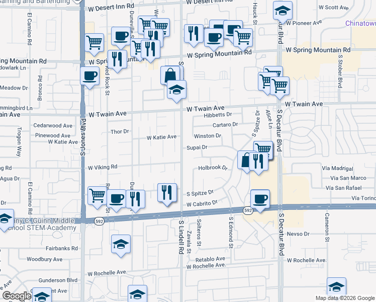 map of restaurants, bars, coffee shops, grocery stores, and more near 3820 Leisure Lane in Las Vegas