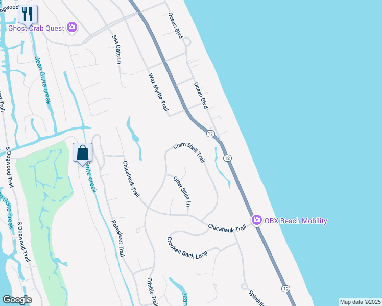 map of restaurants, bars, coffee shops, grocery stores, and more near 141 Clam Shell Trail in Kitty Hawk