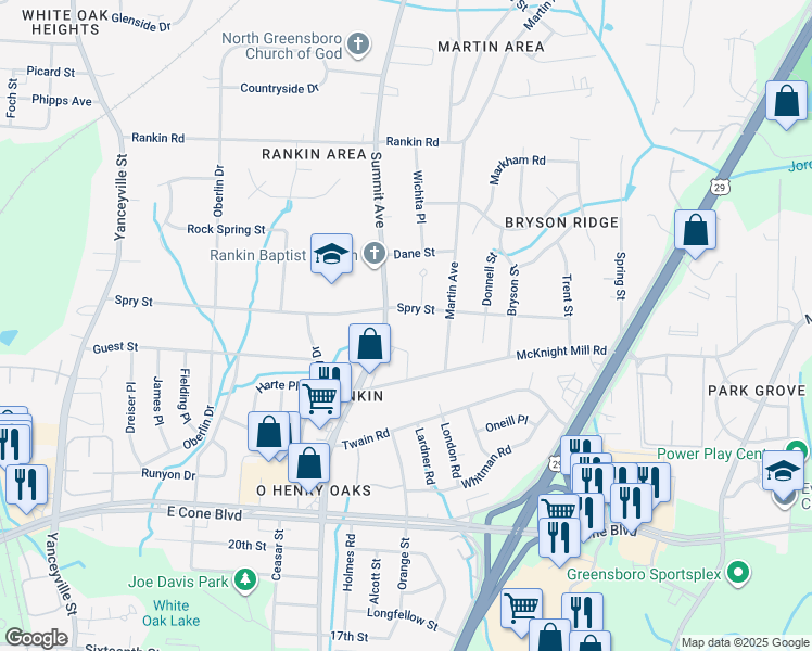 map of restaurants, bars, coffee shops, grocery stores, and more near 3222 Summit Avenue in Greensboro