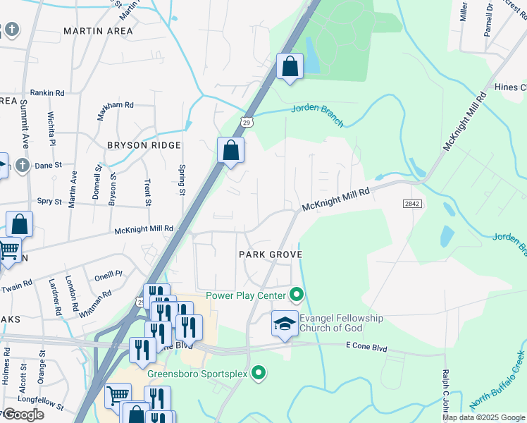 map of restaurants, bars, coffee shops, grocery stores, and more near 1903 McKnight Mill Road in Greensboro