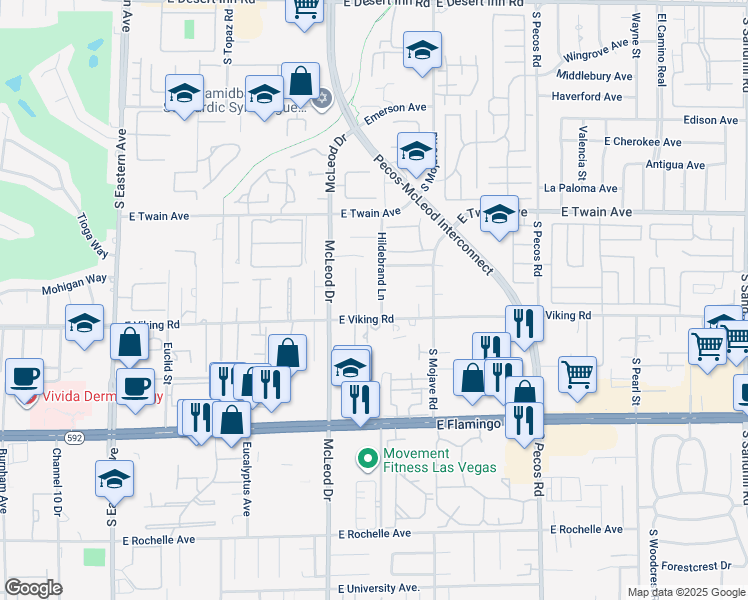 map of restaurants, bars, coffee shops, grocery stores, and more near 3861 Hildebrand Lane in Las Vegas