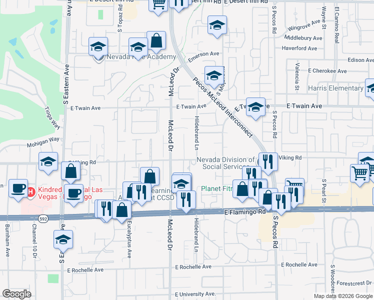 map of restaurants, bars, coffee shops, grocery stores, and more near 3810 Robar Street in Las Vegas