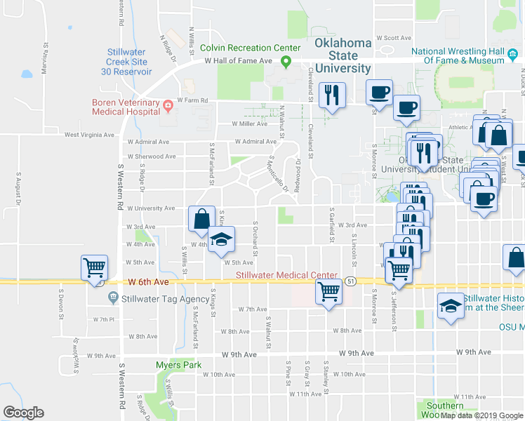 map of restaurants, bars, coffee shops, grocery stores, and more near 1621 West University Avenue in Stillwater