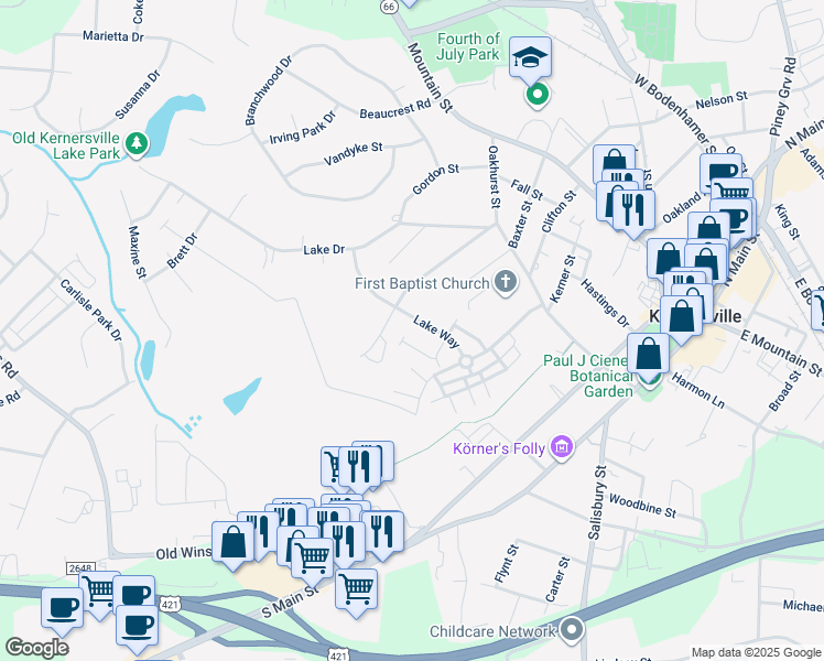 map of restaurants, bars, coffee shops, grocery stores, and more near 541 Lake Way in Kernersville
